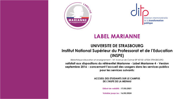 Certificat de labellisation Marianne | INSPÉ, campus de la Meinau