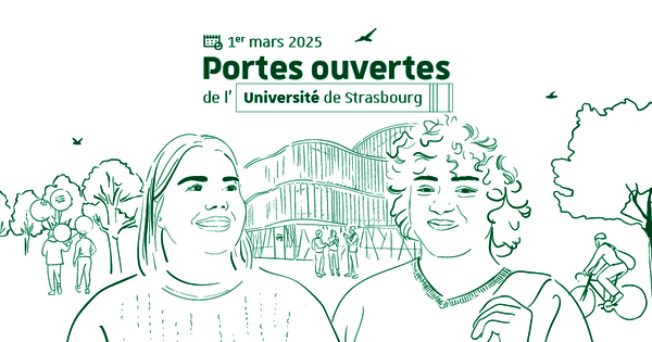 Visuel JPO 2025, illustration au trait dans des tons verts sur fond blanc représentant des étudiants devant le Studium