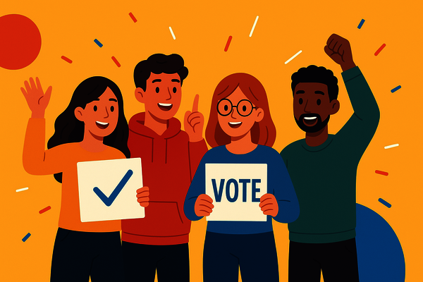 Visuel graphique "élections" représentant deux étudiants et deux étudiantes qui votent | ChatGPT