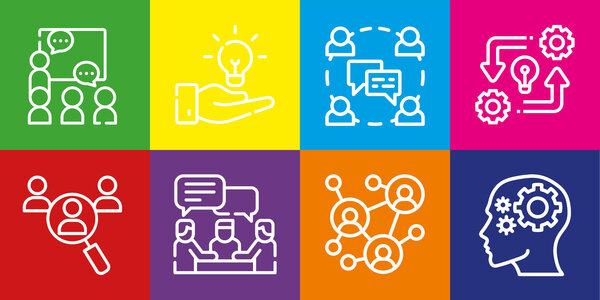 Visuel graphique avec icônes sur fonds de couleur