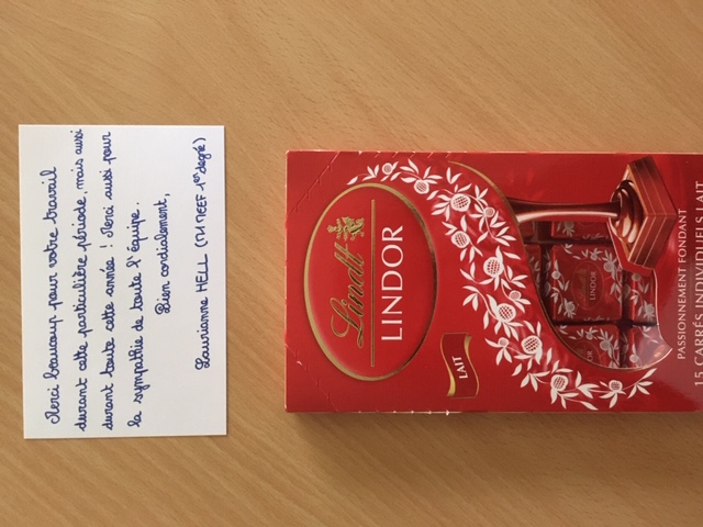 Photo d'une tablette de chocolat - Remerciements d'une étudiante